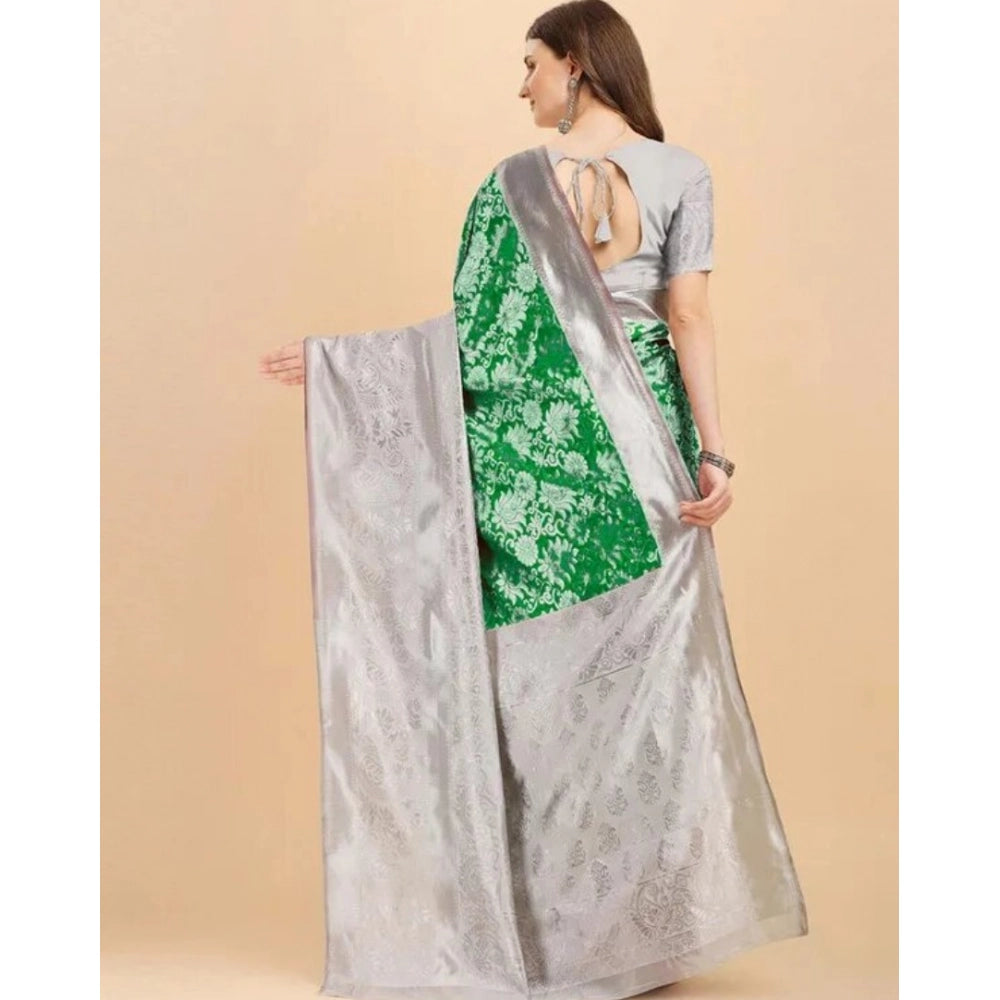 Snuggle Spot Women's Soft Lichi Silk Printed Saree With Unstitched Blouse 5.5Mtr (Green)