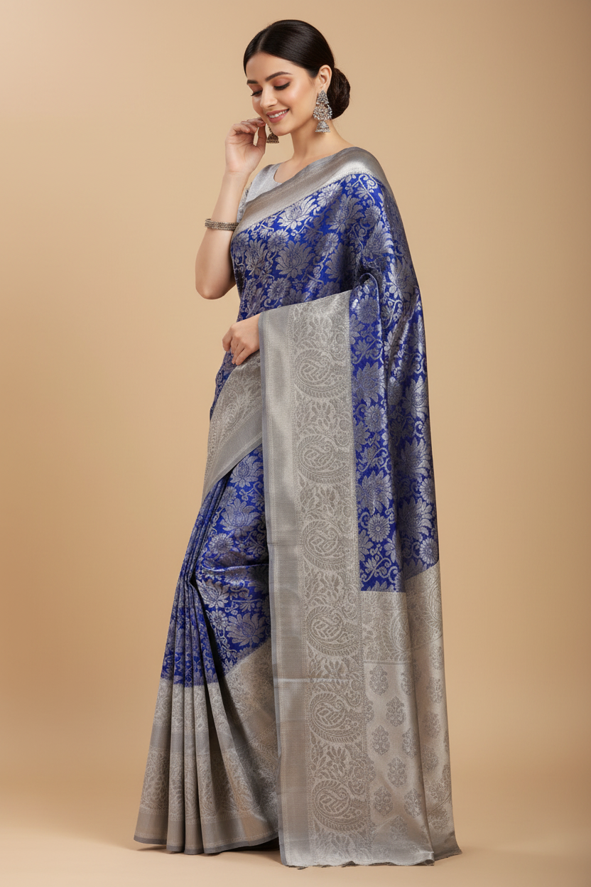 Snuggle Spot Women's Soft Lichi Silk Printed Saree With Unstitched Blouse 5.5Mtr (Blue)