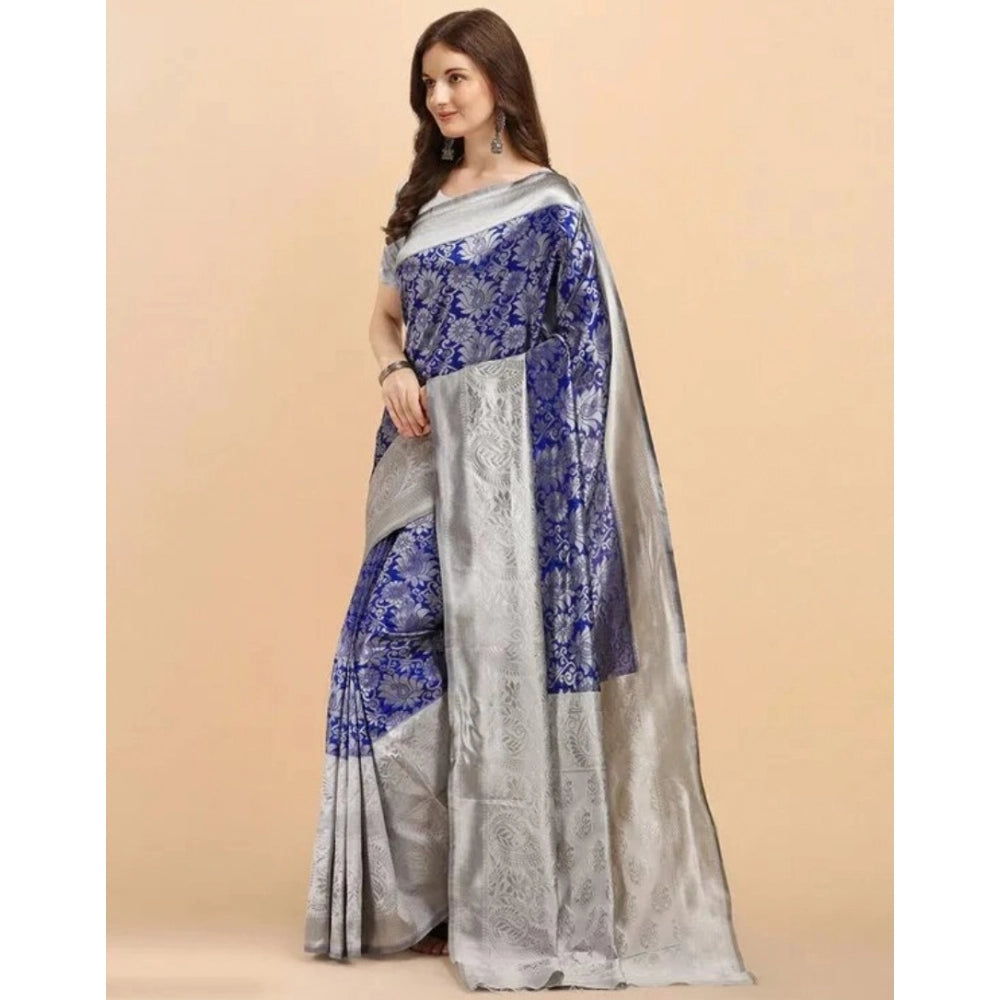 Snuggle Spot Women's Soft Lichi Silk Printed Saree With Unstitched Blouse 5.5Mtr (Blue)