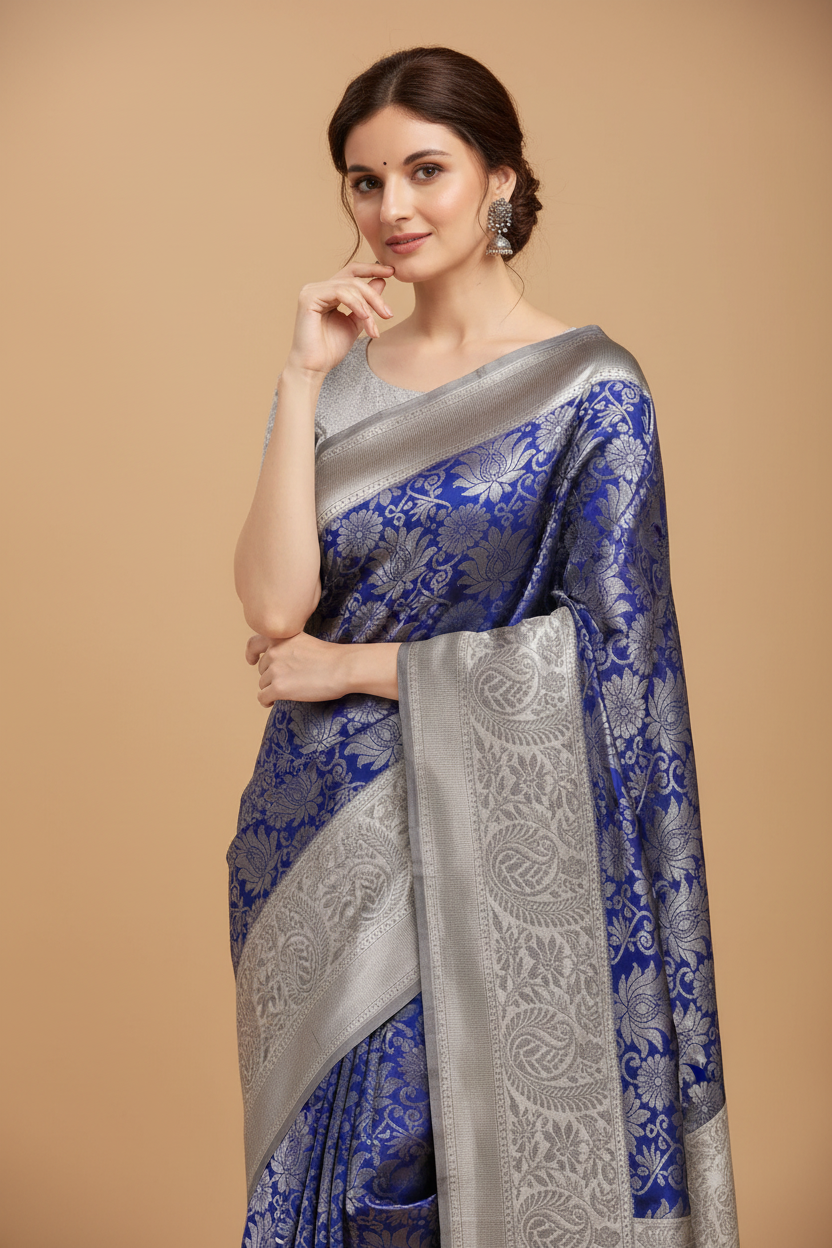 Snuggle Spot Women's Soft Lichi Silk Printed Saree With Unstitched Blouse 5.5Mtr (Blue)