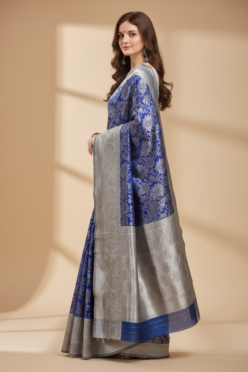 Snuggle Spot Women's Soft Lichi Silk Printed Saree With Unstitched Blouse 5.5Mtr (Blue)