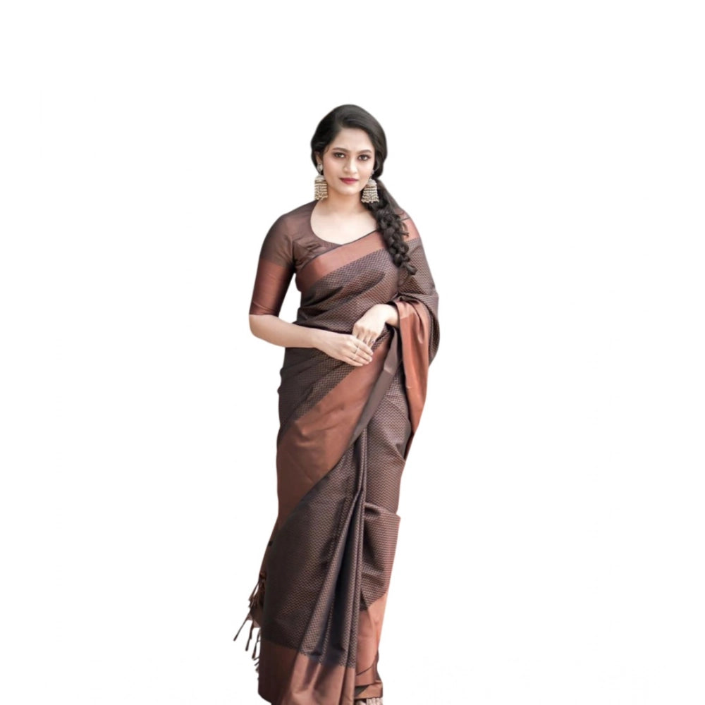 Snuggle Spot Women's Soft Lichi Silk Printed Saree With Unstitched Blouse 5.5Mtr (Brown)
