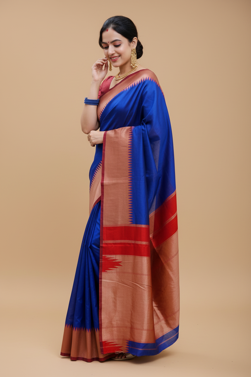 Snuggle Spot Women's Soft Lichi Silk Solid Saree With Unstitched Blouse 5.5Mtr (Blue)