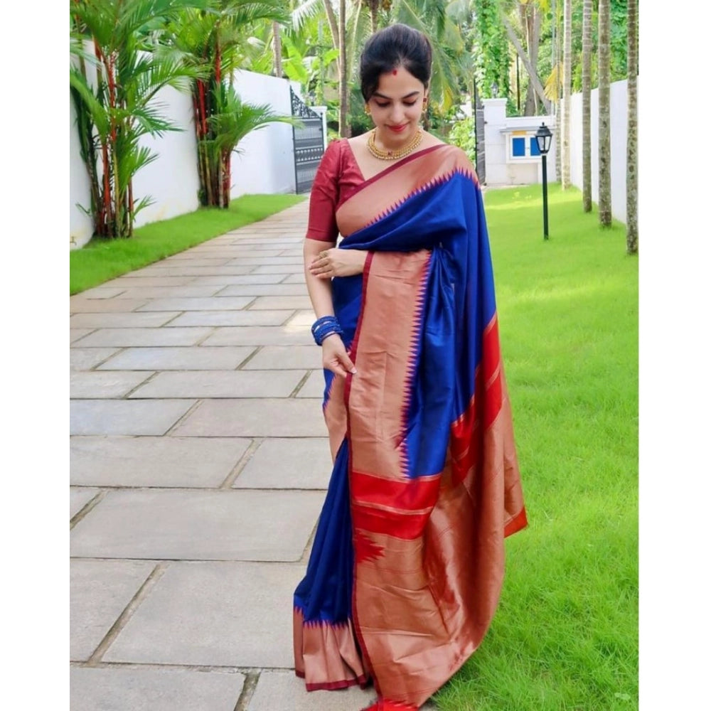Snuggle Spot Women's Soft Lichi Silk Solid Saree With Unstitched Blouse 5.5Mtr (Blue)