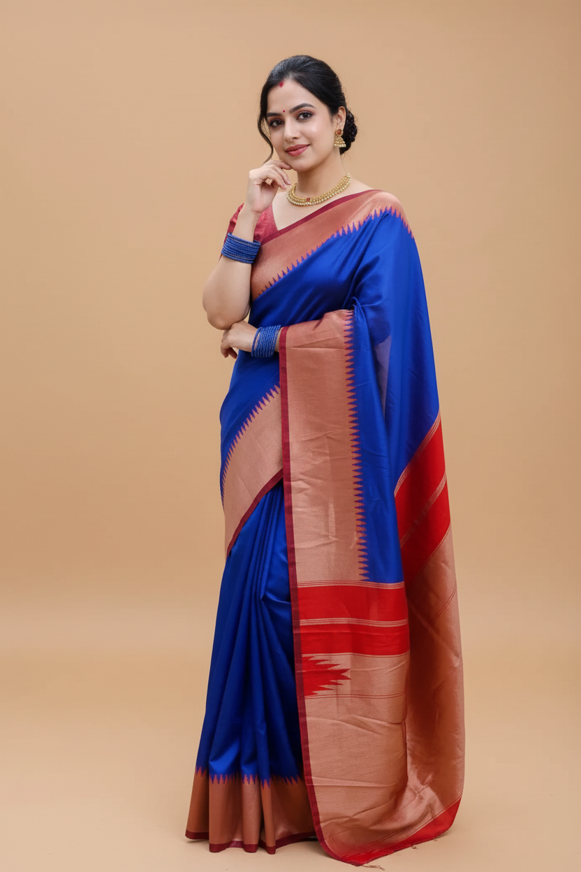Snuggle Spot Women's Soft Lichi Silk Solid Saree With Unstitched Blouse 5.5Mtr (Blue)