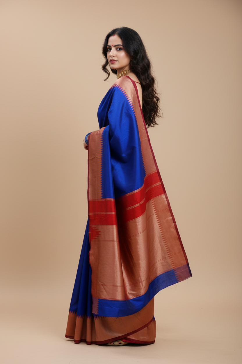 Snuggle Spot Women's Soft Lichi Silk Solid Saree With Unstitched Blouse 5.5Mtr (Blue)