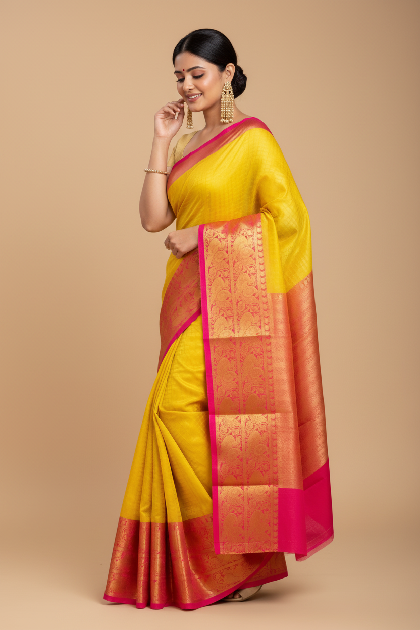 Snuggle Spot Women's Soft Lichi Silk Printed Saree With Unstitched Blouse 5.5Mtr (Yellow)