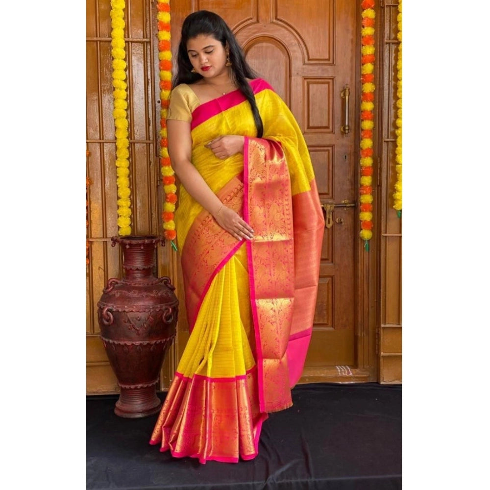 Snuggle Spot Women's Soft Lichi Silk Printed Saree With Unstitched Blouse 5.5Mtr (Yellow)