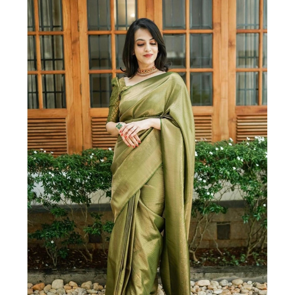 Snuggle Spot Women's Soft Lichi Silk Printed Saree With Unstitched Blouse 5.5Mtr (Green)
