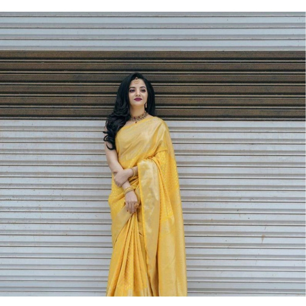 Snuggle Spot Women's Soft Lichi Silk Printed Saree With Unstitched Blouse 5.5Mtr (Yellow)
