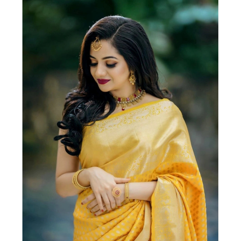 Snuggle Spot Women's Soft Lichi Silk Printed Saree With Unstitched Blouse 5.5Mtr (Yellow)