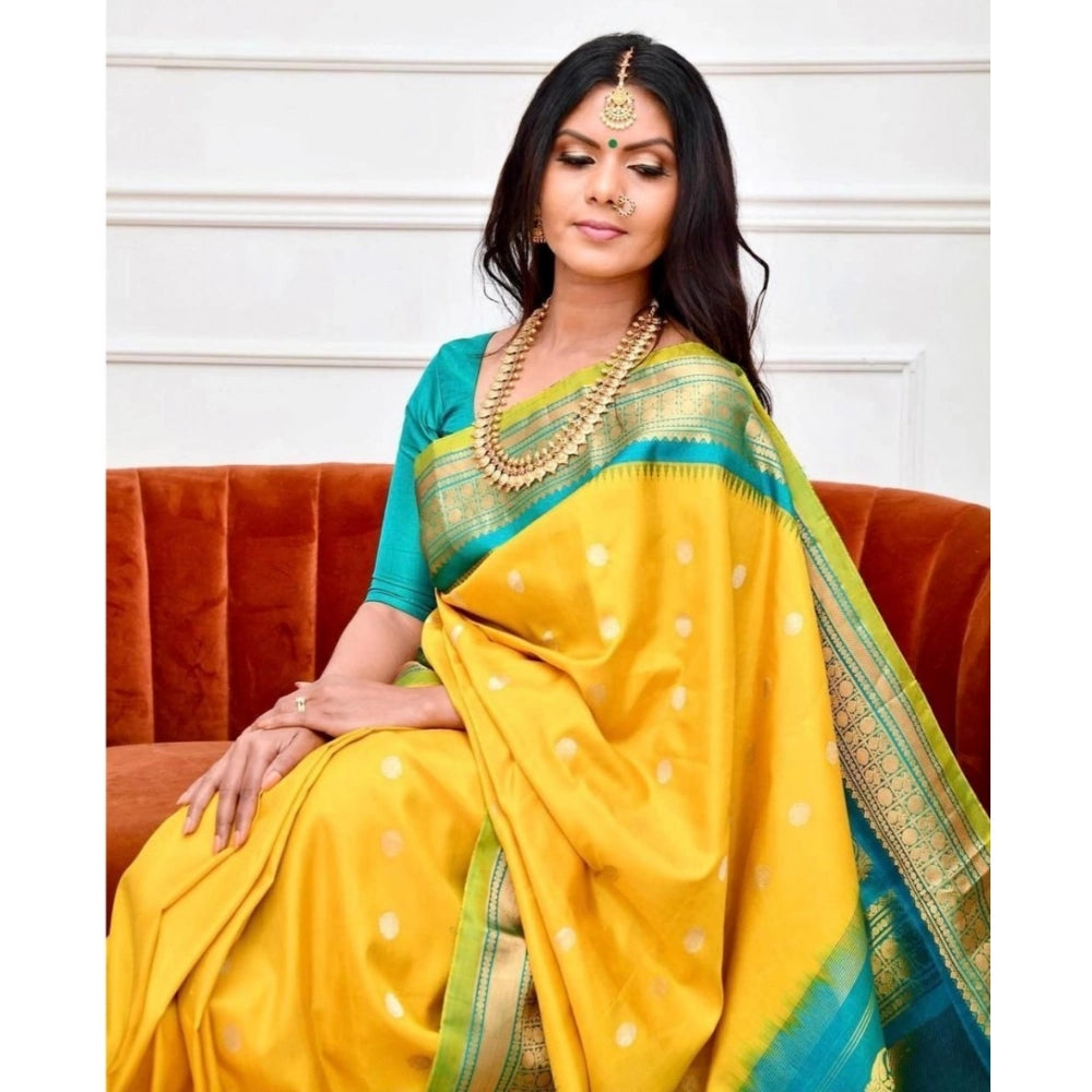 Snuggle Spot Women's Soft Lichi Silk Printed Saree With Unstitched Blouse 5.5Mtr (Yellow)