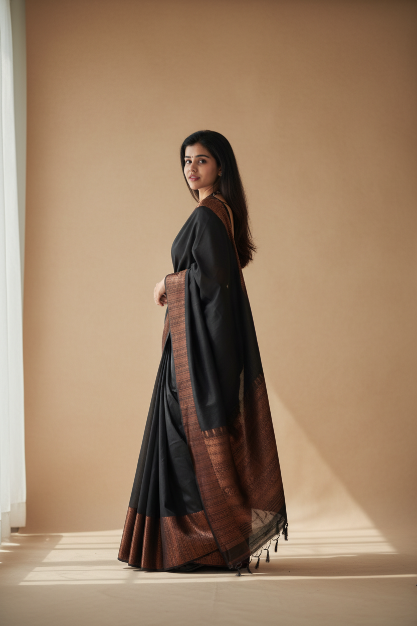 Snuggle Spot Women's Soft Lichi Silk Solid Saree With Unstitched Blouse 5.5Mtr (Black)