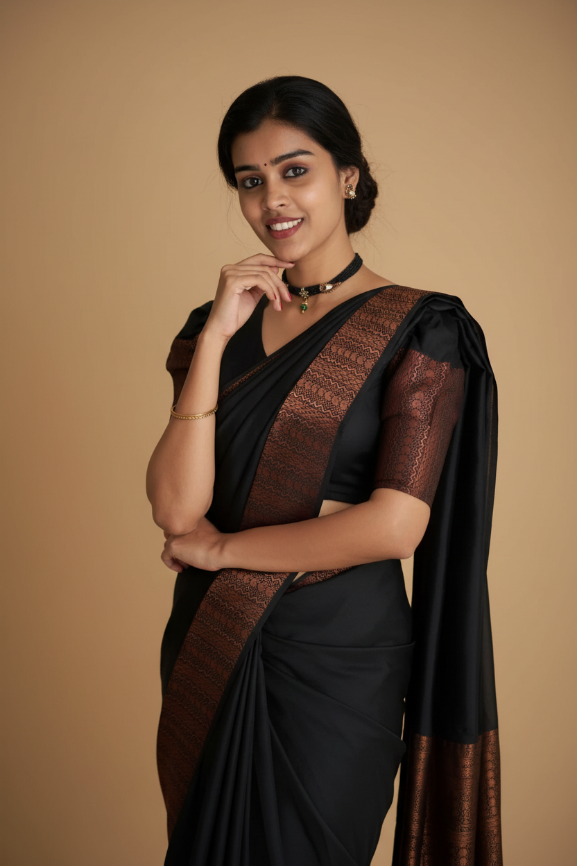 Snuggle Spot Women's Soft Lichi Silk Solid Saree With Unstitched Blouse 5.5Mtr (Black)