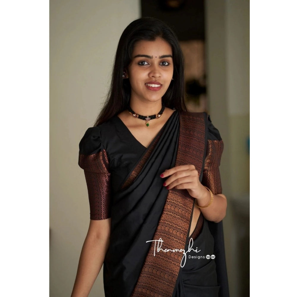 Snuggle Spot Women's Soft Lichi Silk Solid Saree With Unstitched Blouse 5.5Mtr (Black)