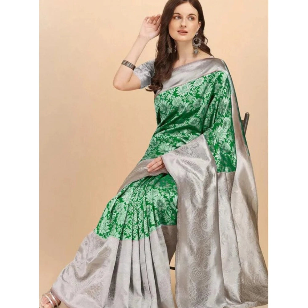 Snuggle Spot Women's Soft Lichi Silk Printed Saree With Unstitched Blouse 5.5Mtr (Green)