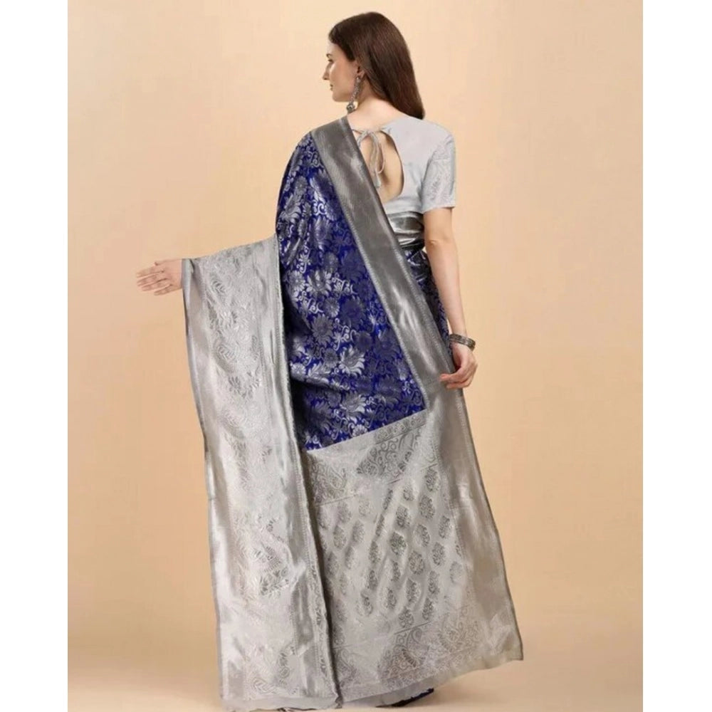 Snuggle Spot Women's Soft Lichi Silk Printed Saree With Unstitched Blouse 5.5Mtr (Blue)