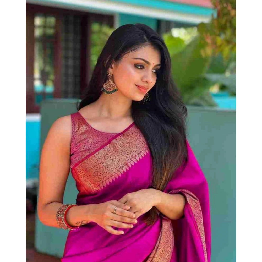 Snuggle Spot Women's Soft Lichi Silk Solid Saree With Unstitched Blouse 5.5Mtr (Pink)