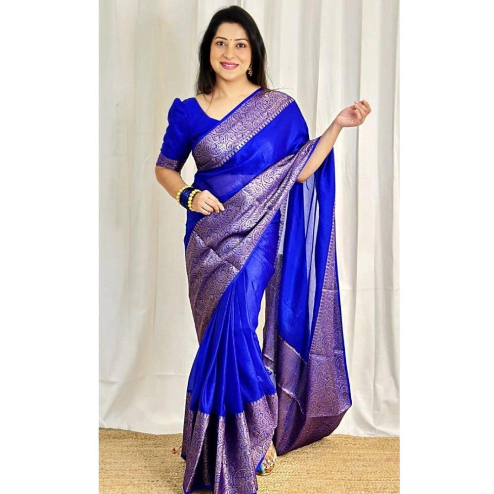 Snuggle Spot Women's Soft Lichi Silk Solid Saree With Unstitched Blouse 5.5Mtr (Blue)