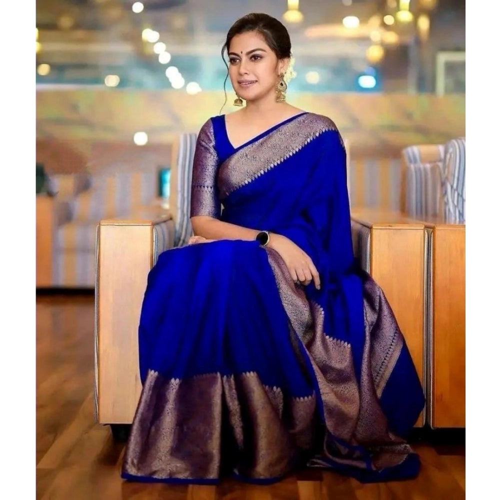 Snuggle Spot Women's Soft Lichi Silk Solid Saree With Unstitched Blouse 5.5Mtr (Blue)