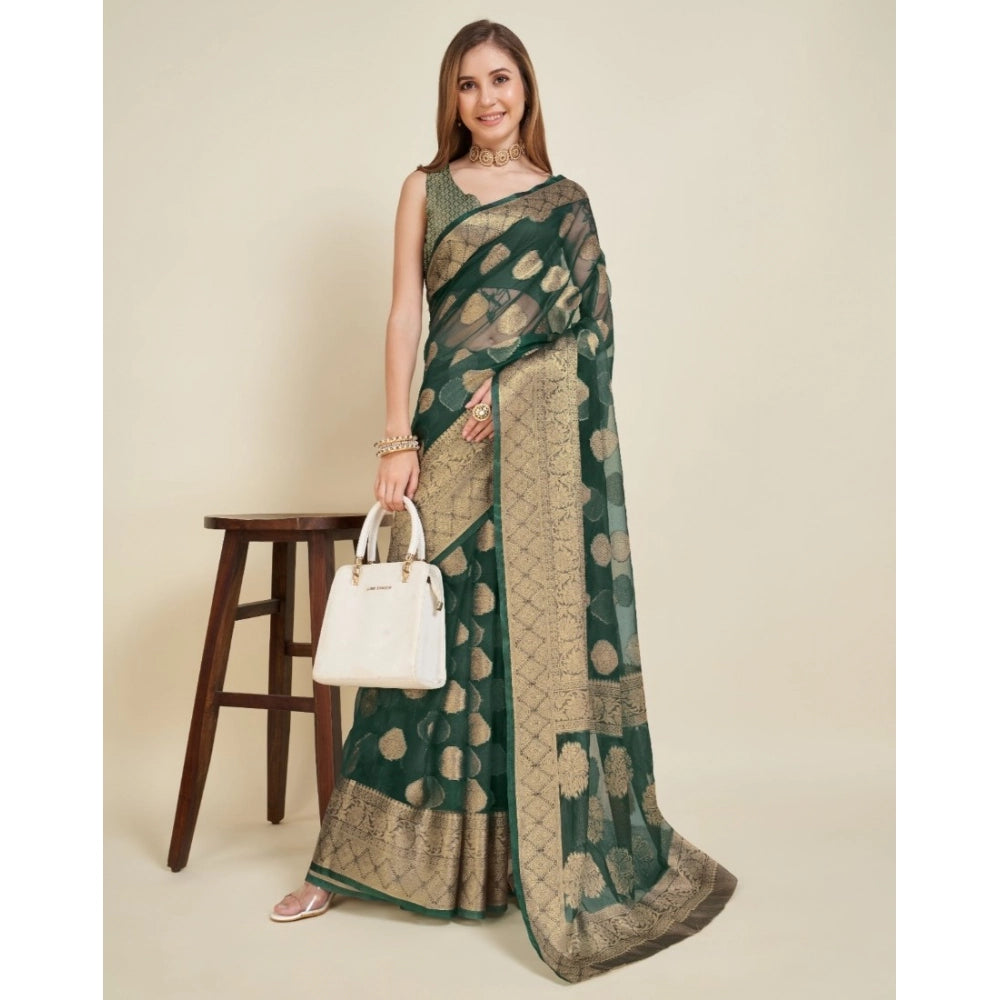 Snuggle Spot Women's Soft Organza Silk Weaving Design Saree With Unstitched Blouse 5.5Mtr (Green)