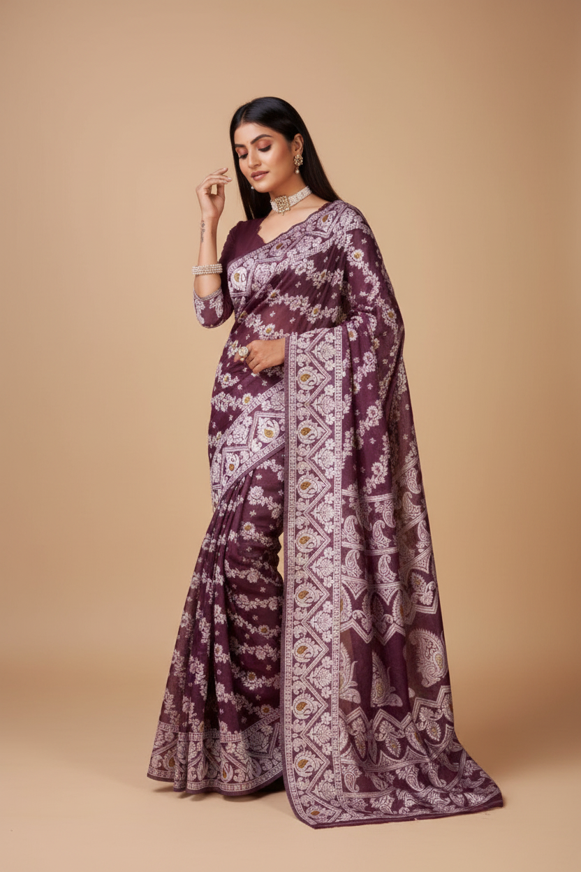 Snuggle Spot Women's Cotton Silk Printed Saree With Unstitched Blouse 5.5Mtr (Purple)