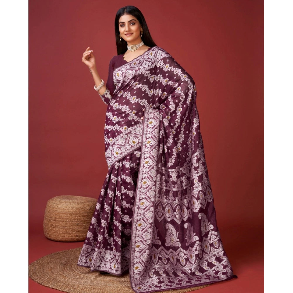 Snuggle Spot Women's Cotton Silk Printed Saree With Unstitched Blouse 5.5Mtr (Purple)