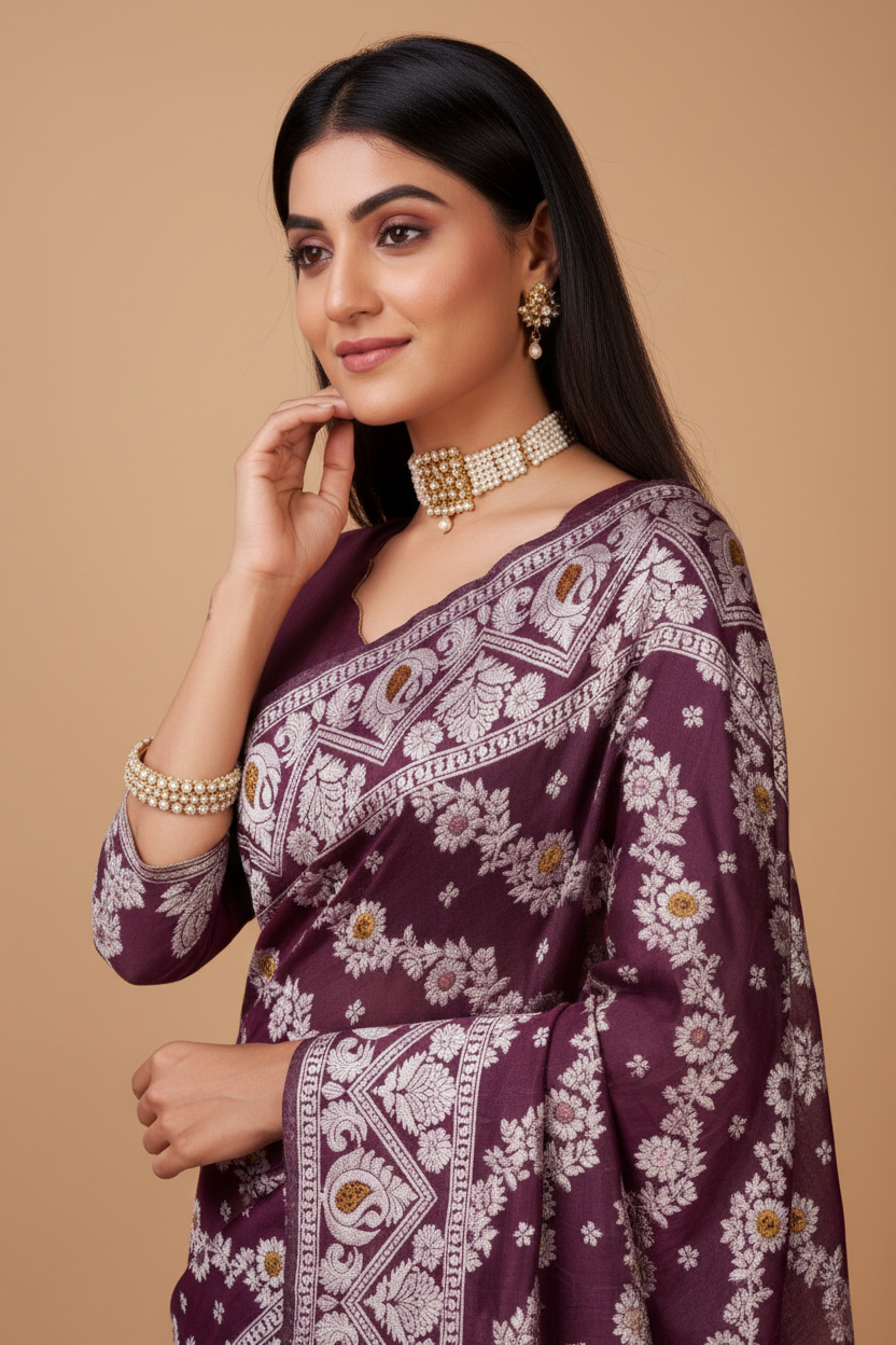 Snuggle Spot Women's Cotton Silk Printed Saree With Unstitched Blouse 5.5Mtr (Purple)