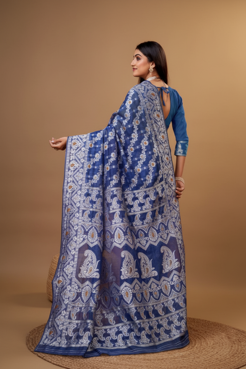 Snuggle Spot Women's Cotton Silk Printed Saree With Unstitched Blouse 5.5Mtr (Blue)