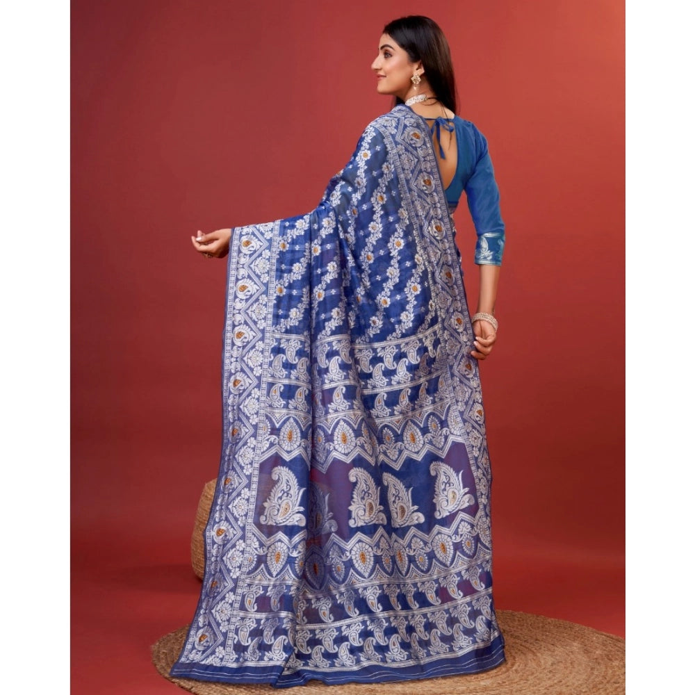 Snuggle Spot Women's Cotton Silk Printed Saree With Unstitched Blouse 5.5Mtr (Blue)