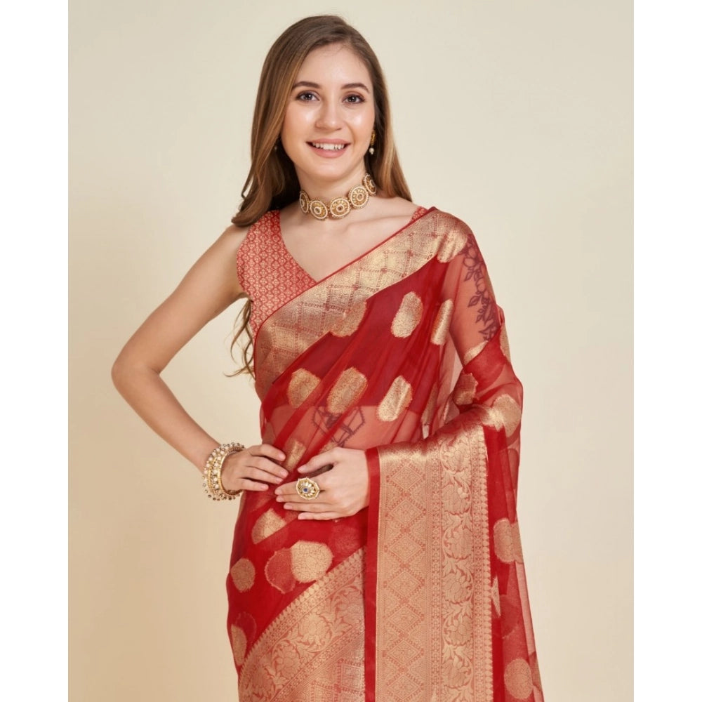 Snuggle Spot Women's Soft Organza Silk Weaving Design Saree With Unstitched Blouse 5.5Mtr (Red)