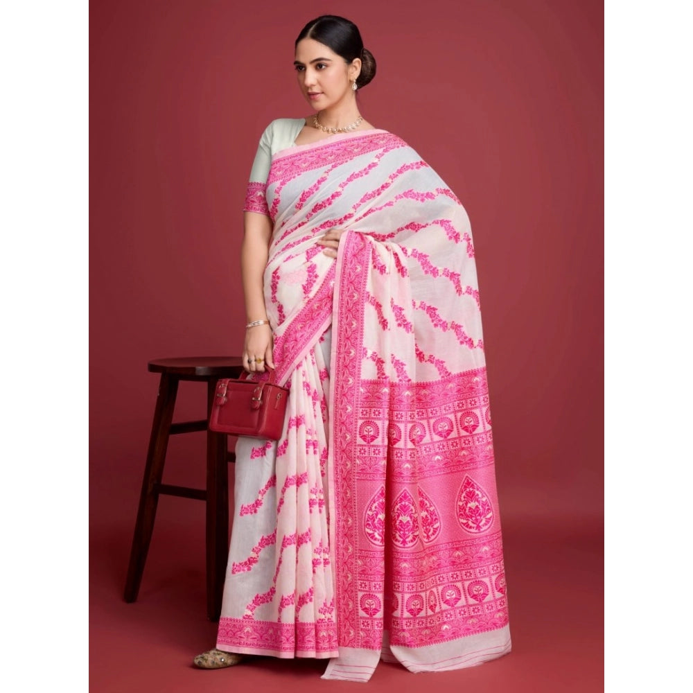 Snuggle Spot Women's Jamdani Cotton Silk Printed Saree With Unstitched Blouse 5.5Mtr (Pink)