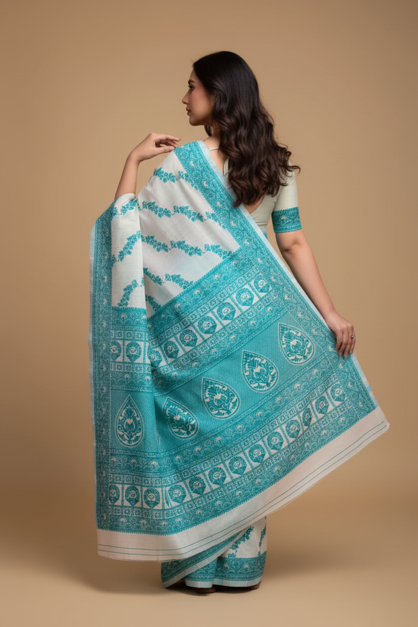 Snuggle Spot Women's Jamdani Cotton Silk Printed Saree With Unstitched Blouse 5.5Mtr (Rama)