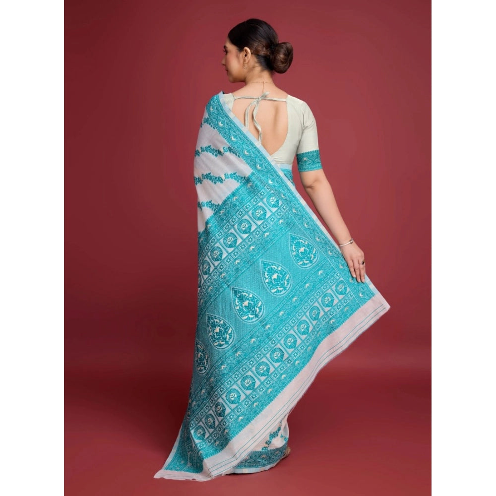 Snuggle Spot Women's Jamdani Cotton Silk Printed Saree With Unstitched Blouse 5.5Mtr (Rama)