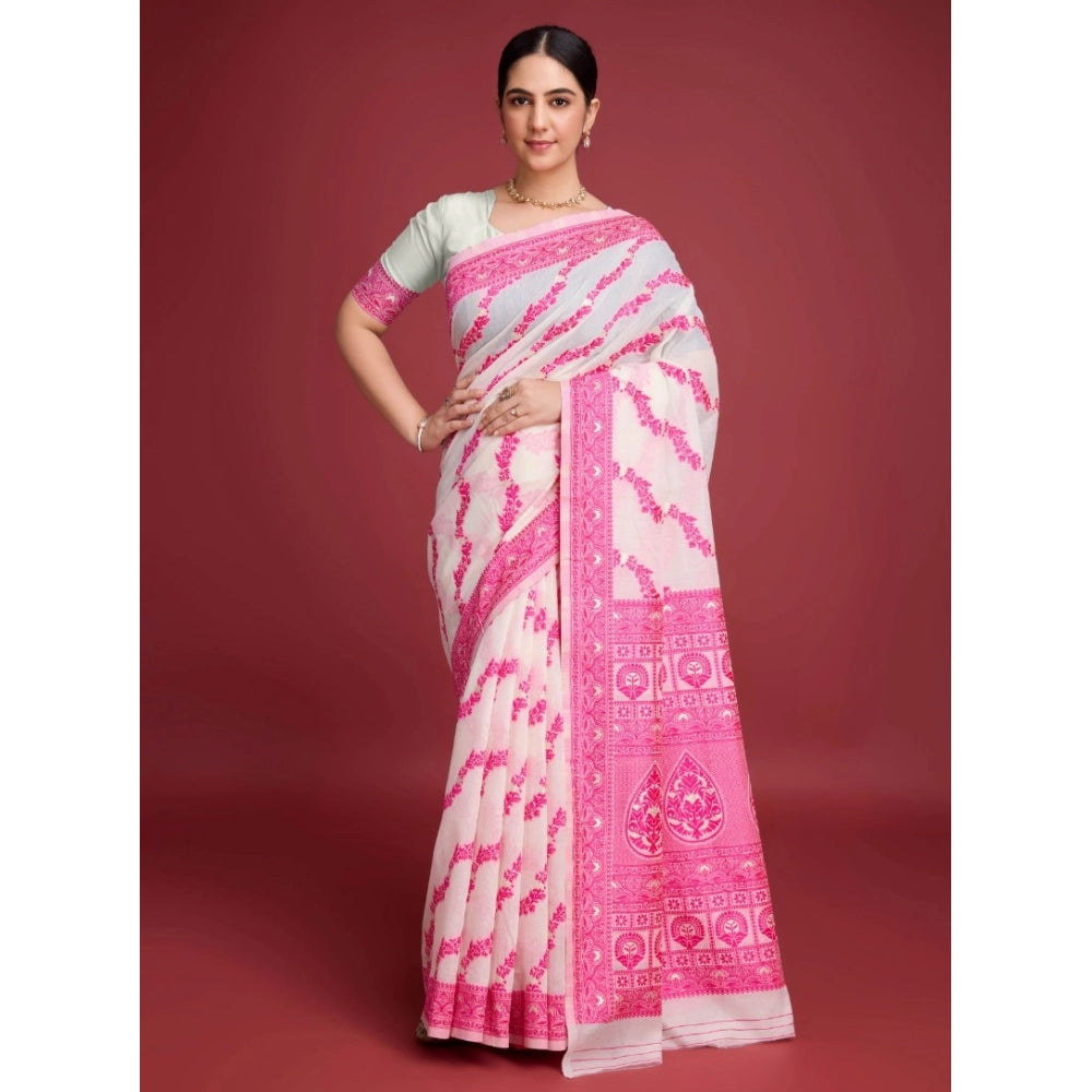 Snuggle Spot Women's Jamdani Cotton Silk Printed Saree With Unstitched Blouse 5.5Mtr (Pink)
