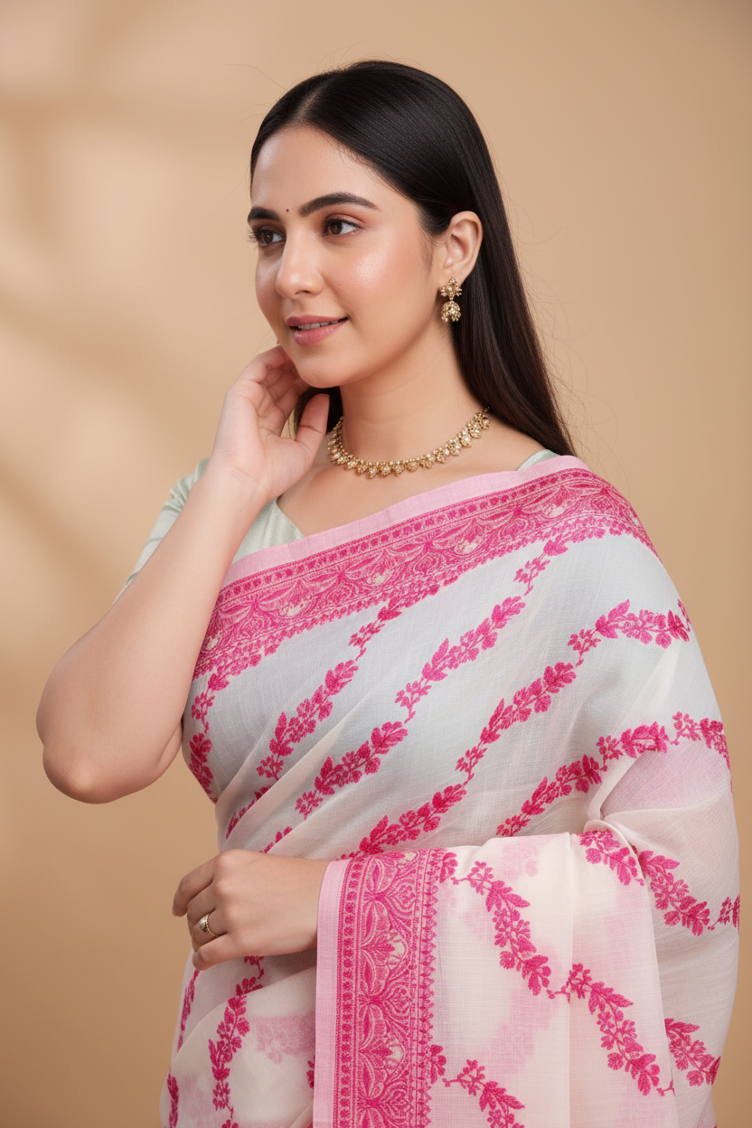 Snuggle Spot Women's Jamdani Cotton Silk Printed Saree With Unstitched Blouse 5.5Mtr (Pink)