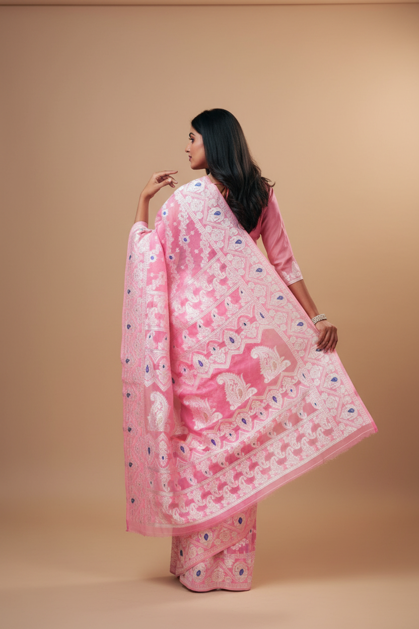 Snuggle Spot Women's Cotton Silk Printed Saree With Unstitched Blouse 5.5Mtr (Pink)