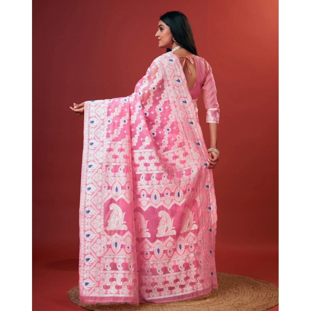 Snuggle Spot Women's Cotton Silk Printed Saree With Unstitched Blouse 5.5Mtr (Pink)