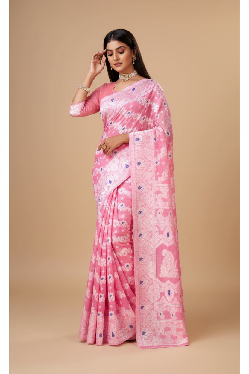 Snuggle Spot Women's Cotton Silk Printed Saree With Unstitched Blouse 5.5Mtr (Pink)