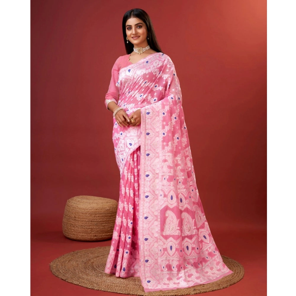 Snuggle Spot Women's Cotton Silk Printed Saree With Unstitched Blouse 5.5Mtr (Pink)