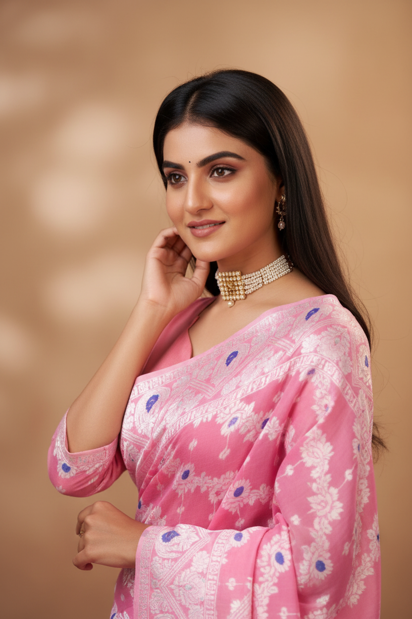 Snuggle Spot Women's Cotton Silk Printed Saree With Unstitched Blouse 5.5Mtr (Pink)