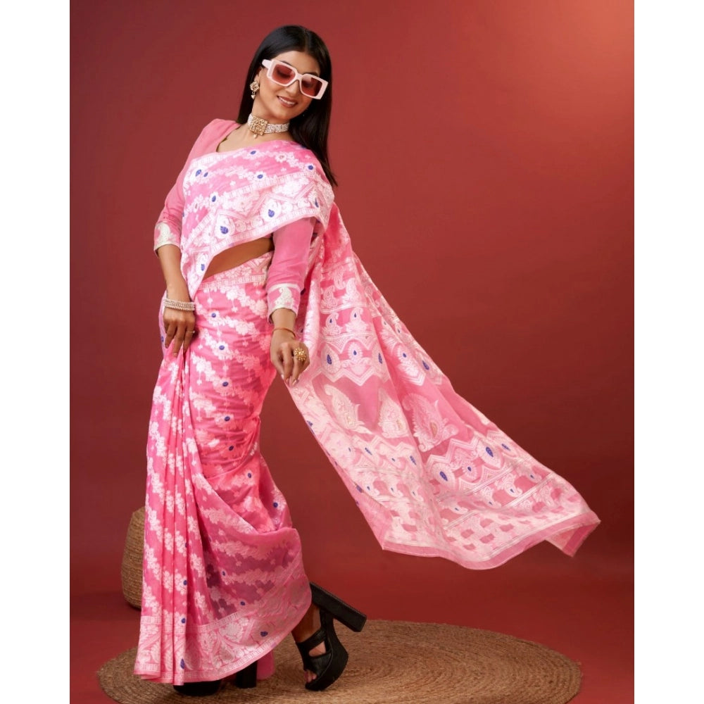 Snuggle Spot Women's Cotton Silk Printed Saree With Unstitched Blouse 5.5Mtr (Pink)
