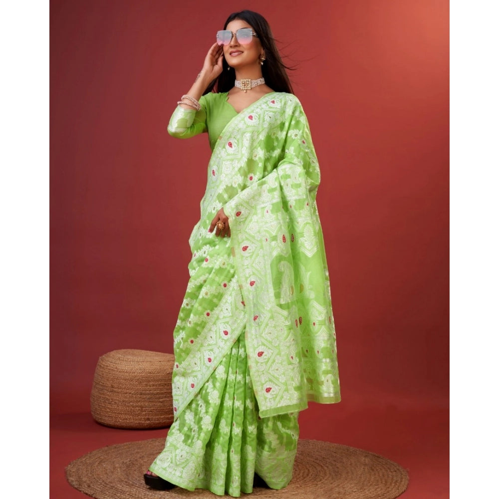 Snuggle Spot Women's Cotton Silk Printed Saree With Unstitched Blouse 5.5Mtr (Light Green)