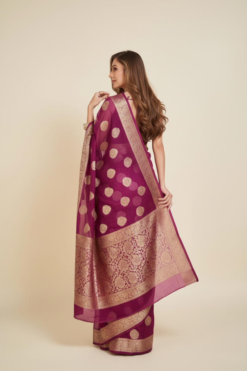Snuggle Spot Women's Soft Organza Silk Weaving Design Saree With Unstitched Blouse 5.5Mtr (Wine)