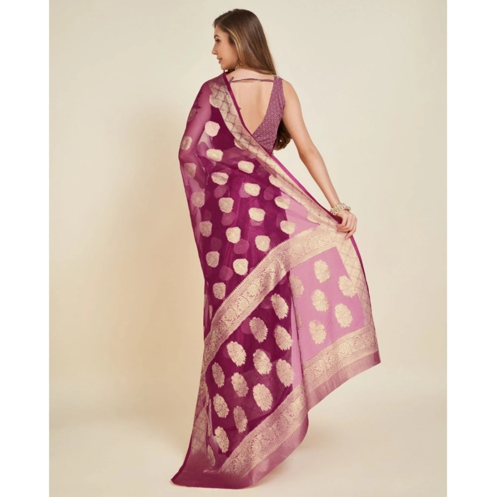 Snuggle Spot Women's Soft Organza Silk Weaving Design Saree With Unstitched Blouse 5.5Mtr (Wine)