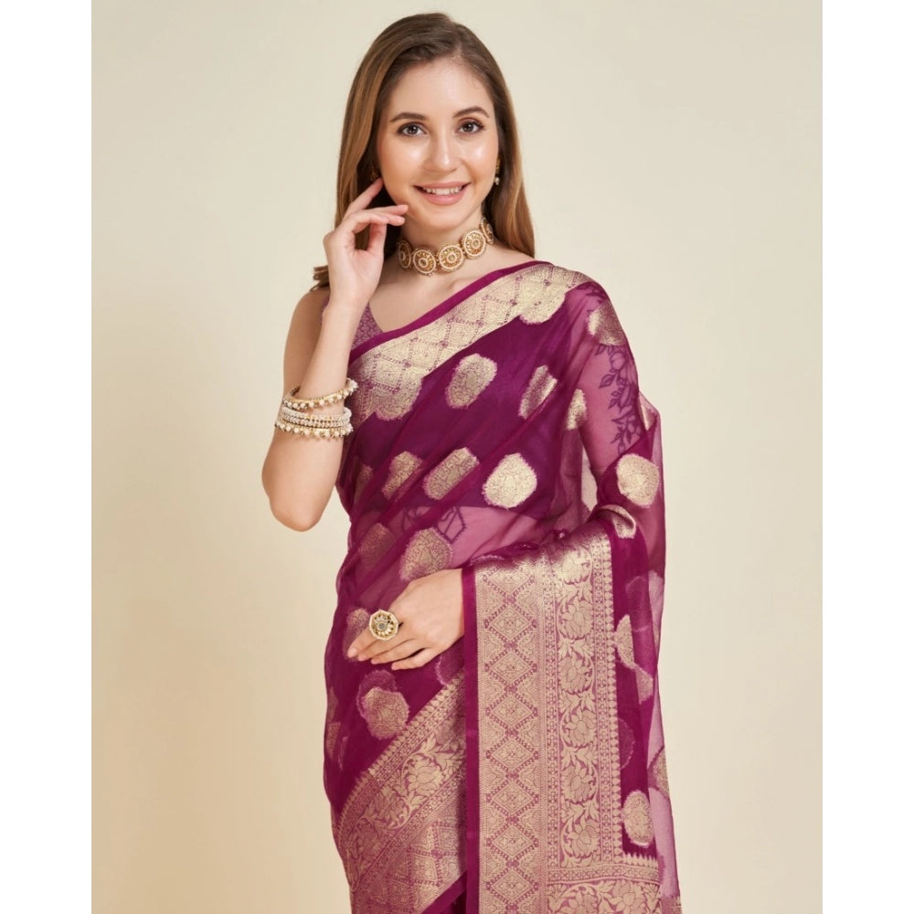 Snuggle Spot Women's Soft Organza Silk Weaving Design Saree With Unstitched Blouse 5.5Mtr (Wine)
