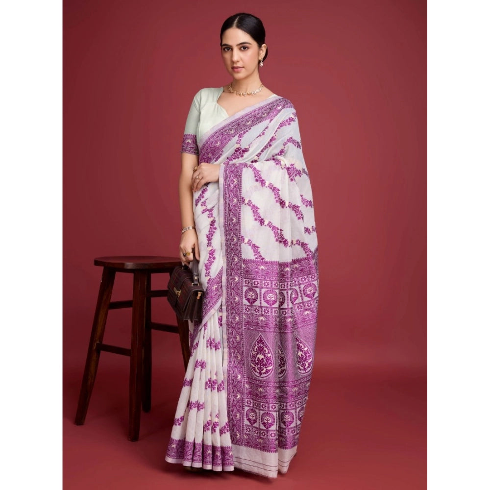 Snuggle Spot Women's Jamdani Cotton Silk Printed Saree With Unstitched Blouse 5.5Mtr (Wine)