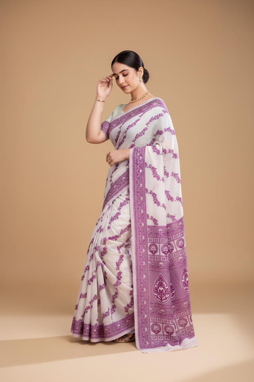 Snuggle Spot Women's Jamdani Cotton Silk Printed Saree With Unstitched Blouse 5.5Mtr (Wine)