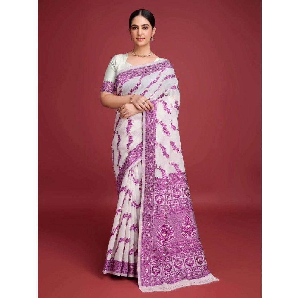 Snuggle Spot Women's Jamdani Cotton Silk Printed Saree With Unstitched Blouse 5.5Mtr (Wine)