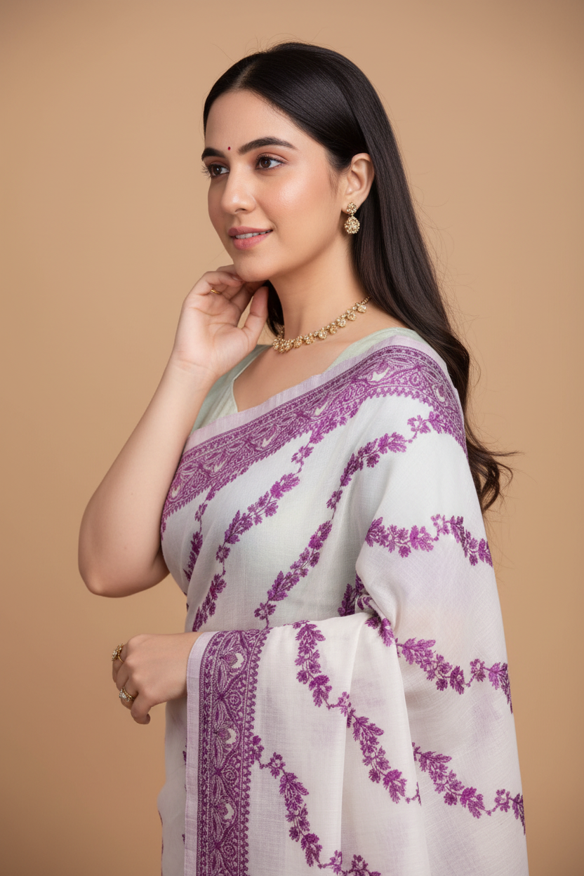Snuggle Spot Women's Jamdani Cotton Silk Printed Saree With Unstitched Blouse 5.5Mtr (Wine)